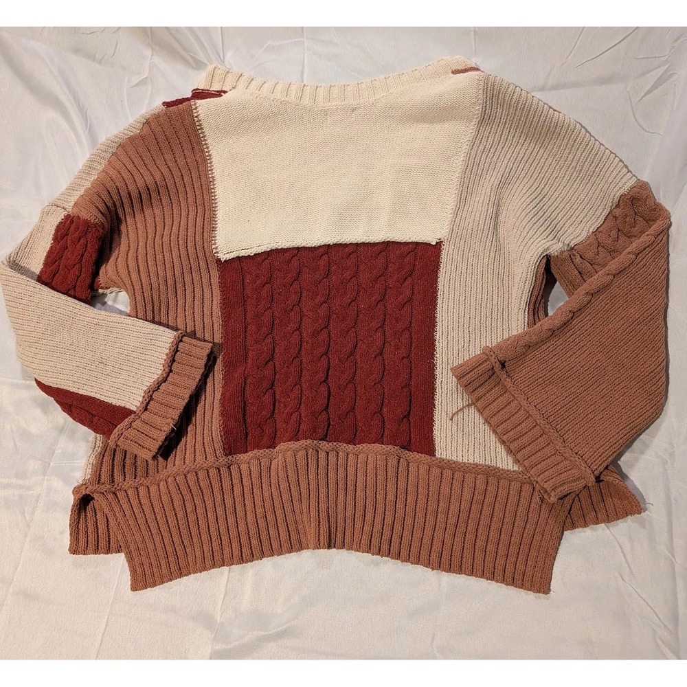 Pol Patchwork Knit Sweater V Neck Cable Knit Colo… - image 6
